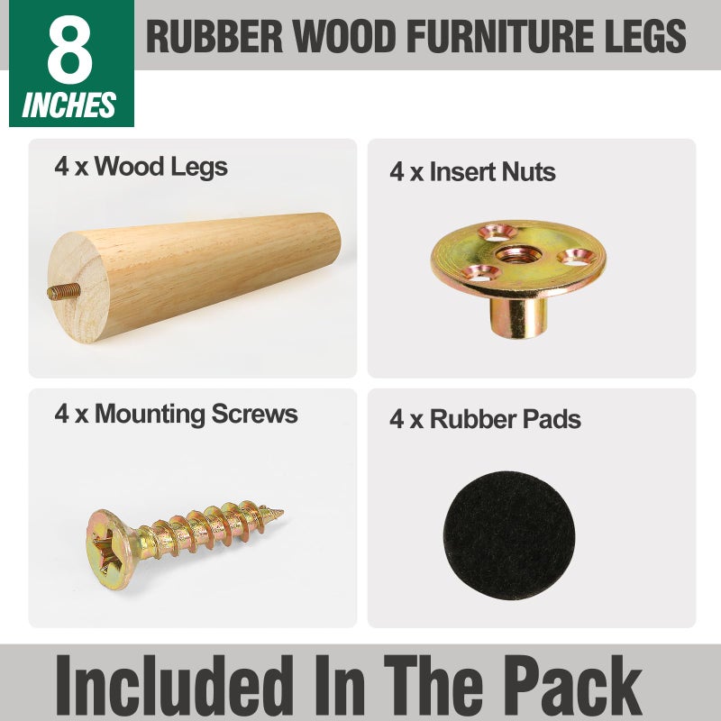 FoDau770 Rubber Wood Furniture Legs 8 Inches, Straight Tapered Wood Legs Mid Century Sofa Legs Set of 4, 5/16"" UNC Furniture Feet Replacement Legs for Cabinet Sofa Couch Dresser Chair Ottoman Table - Image 2